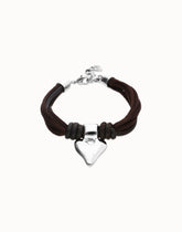 Bracelet With Mix Of Silk Effect And Leather Brown Thread And Sterling Silver Heart Detail