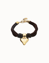 Bracelet With Mix Of Silk Effect And Leather Beige Thread And 18K Gold Heart Detail
