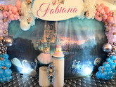 Fairytale Castle Party Package with Arched Welcome Sign, Carriage Backdrop, Balloon Garland & Floral Accents