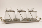 3 Canisters on Rectangle Tray with with Clear Ball Knobs - Silver