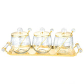 3 Canisters on Rectangle Tray with with Clear Ball Knobs - Gold