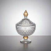 Footed Glass Jar with Diamond Cut and Colored Leg and Knob - Medium