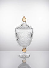 Footed Glass Jar with Diamond Cut and Colored Leg and Knob - Large