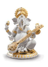 Veena Ganesha Figurine, Golden Luster