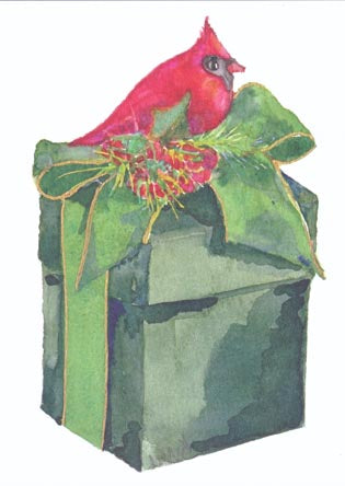 Red Bird Atop Green Box Folded Note Cards (Set of 50)
