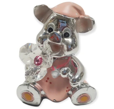 Pink Baby Pig Silver w. Crystal Flower Childrens Party Favor