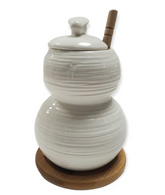Debora Carlucci White Porcelain Honey Jar and Dripper On a Bamboo Base