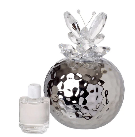 Hammered Aromatherapy Silver Diffuser W. Crystal Butterfly Top