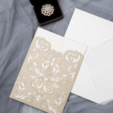 Champagne Gold Damask Pocket Laser Cut Wedding Invitations