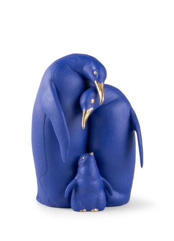 Penguin Family Sculpture. Limited Edition. Blue And Gold