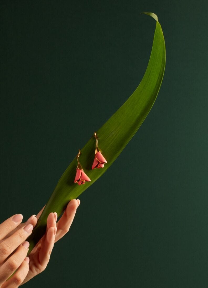 Heliconia Short Earrings. Coral