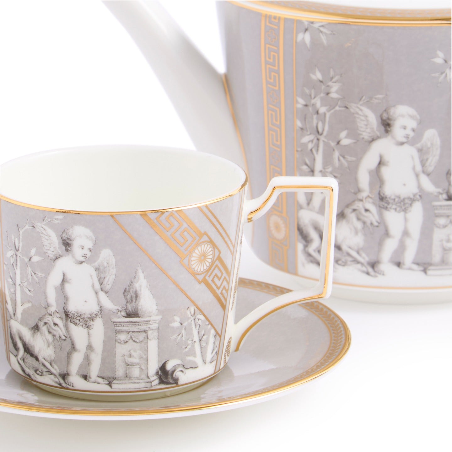 Renaissance Gray Teapot and Teacup Saucer Set of 2