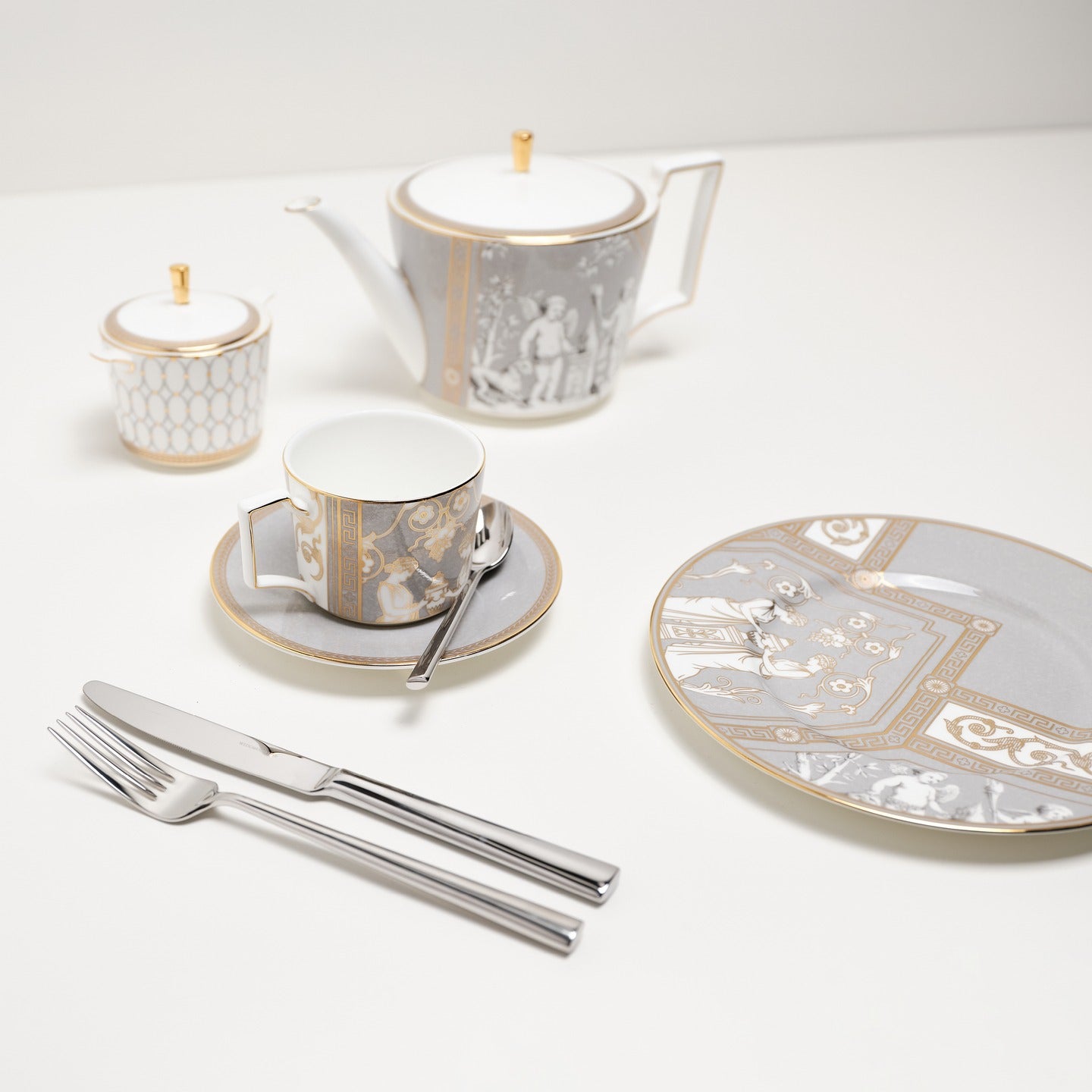 Renaissance Gray Teapot and Teacup Saucer Set of 2