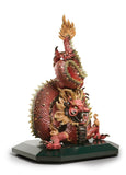 Protective Dragon Sculpture. Golden Luster And Red. Limited Edition