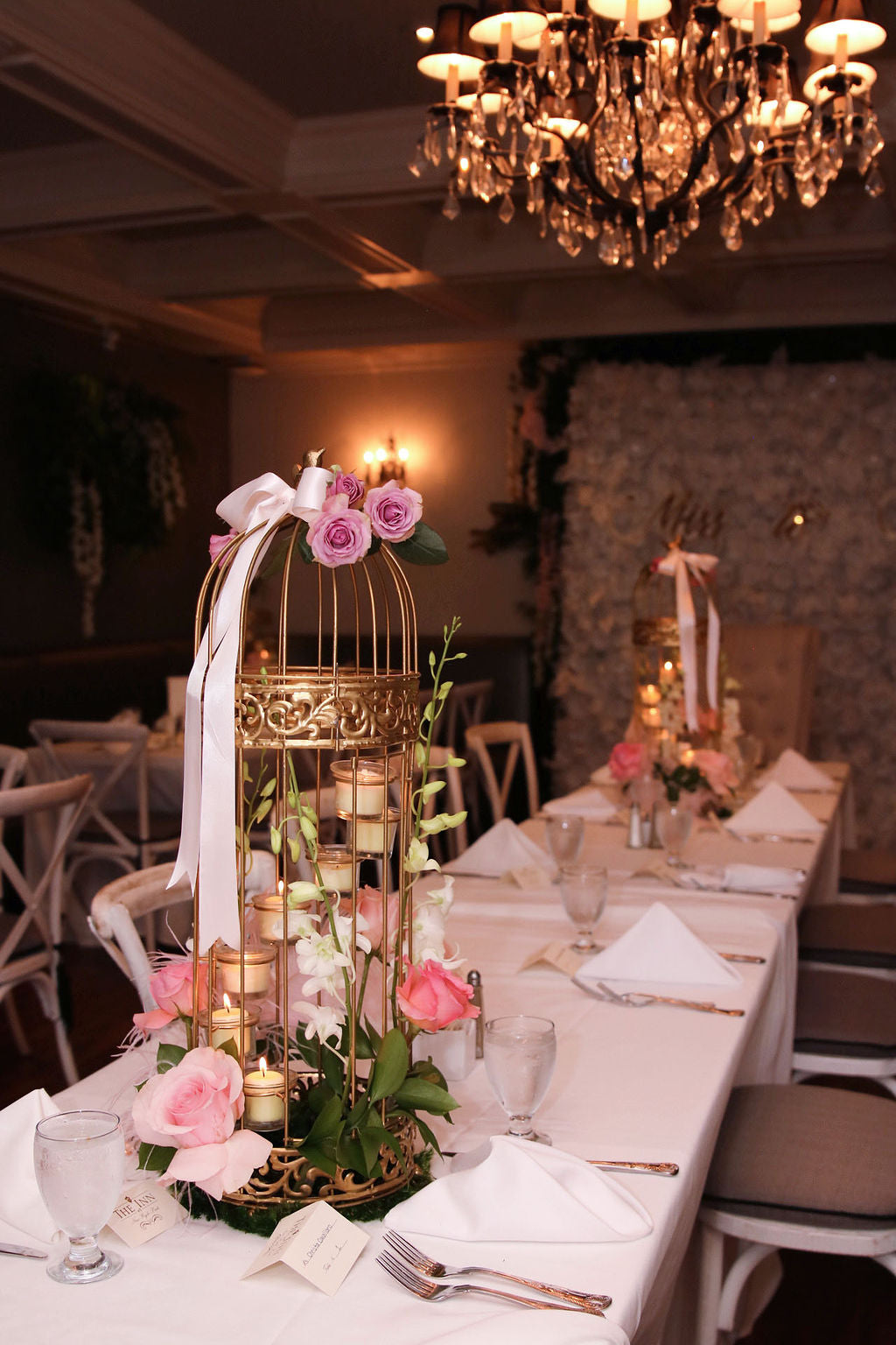 Love Bird Caged Centerpiece W/ Fresh Floral & Feathers