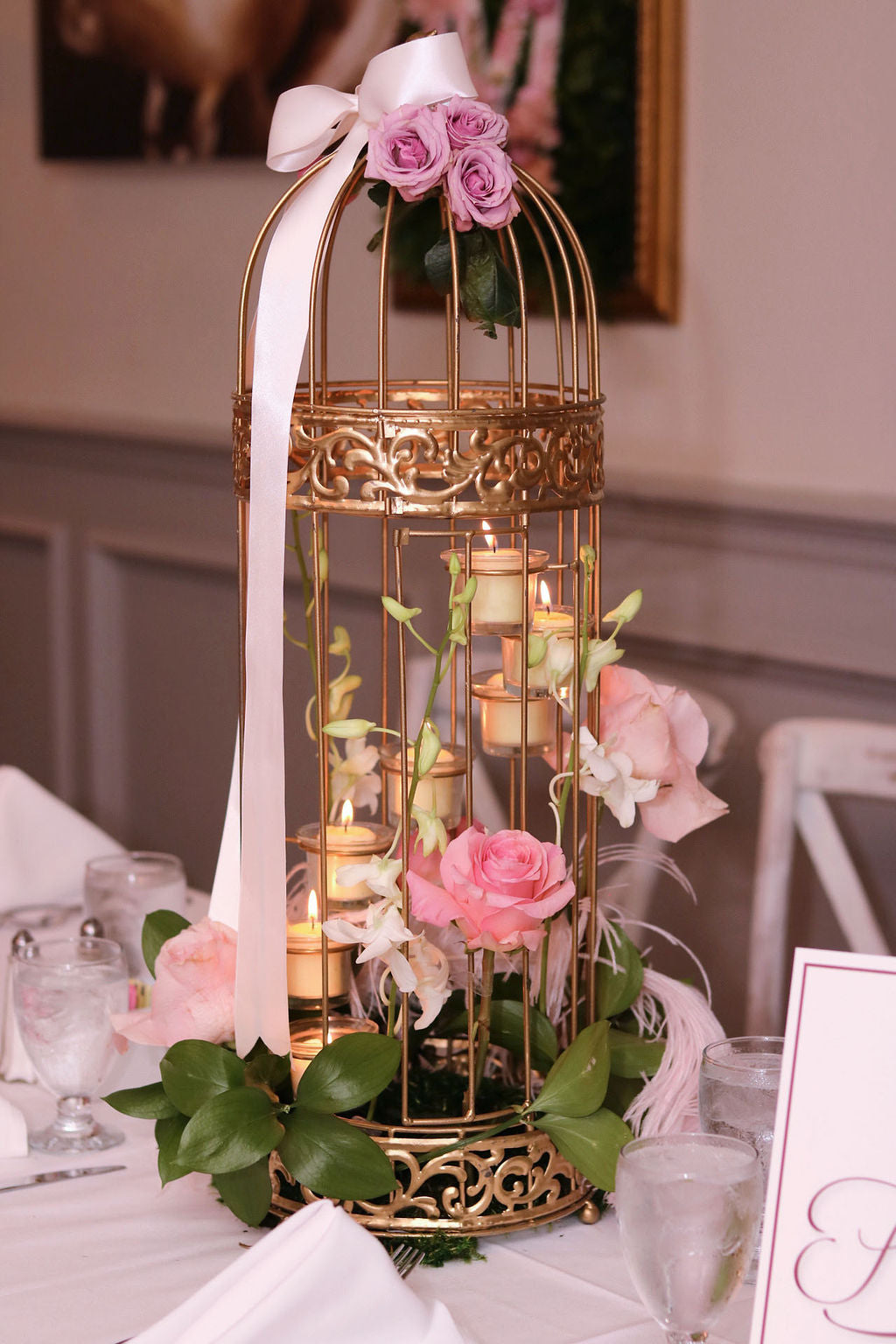 Love Bird Caged Centerpiece W/ Fresh Floral & Feathers