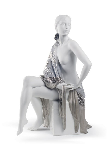 Nude With Shawl Woman Figurine. Silver Lustre