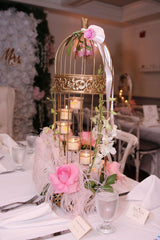 Love Bird Caged Centerpiece W/ Fresh Floral & Feathers