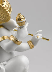 Bansuri Ganesha Figurine. Golden Lustre