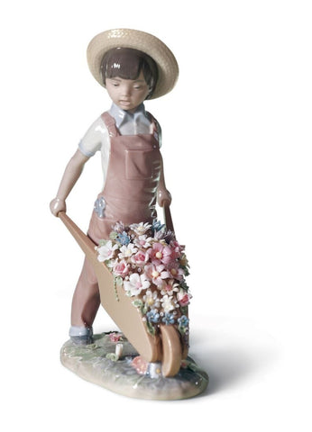 Wheelbarrow With Flowers Boy Figurine