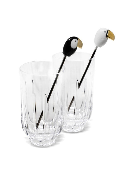 Toucan 2 Tall Crystal Glasses + 2 Stirrers Set. Golden Luster