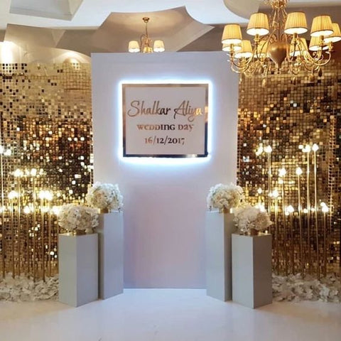 White Signature Display: Personalized Gold Backdrop W/ Four Pedestals