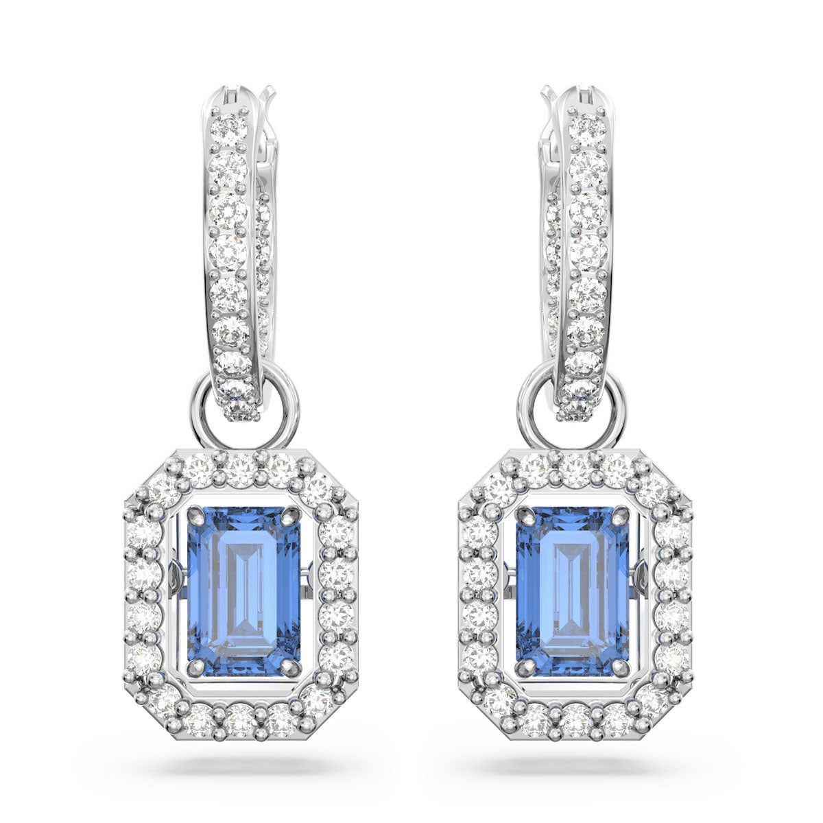 Una drop earrings, Octagon cut, Blue, Rhodium plated