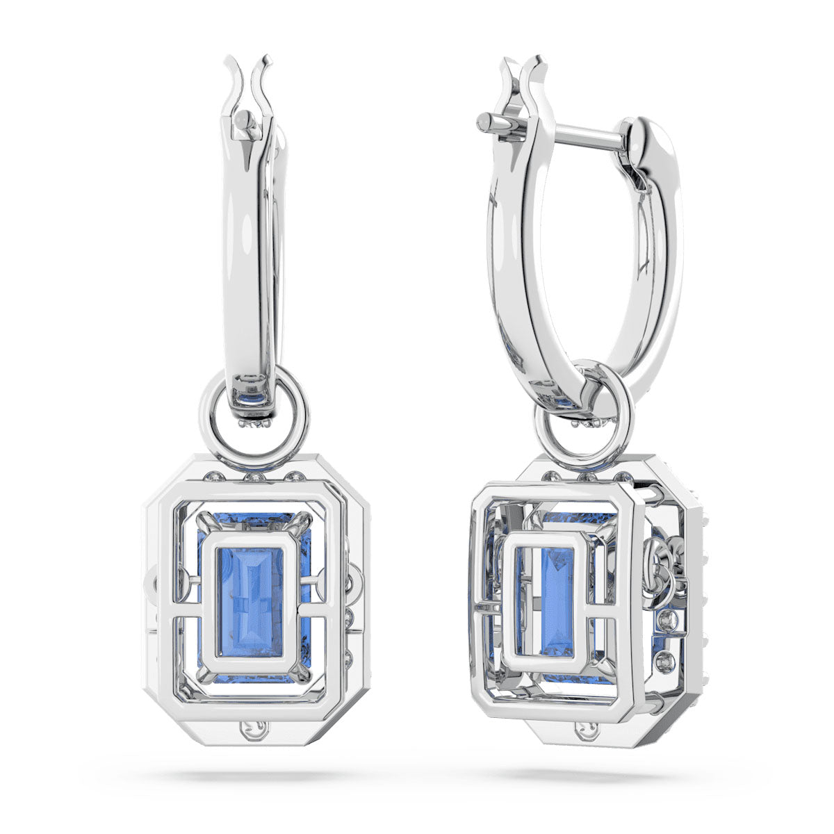 Una drop earrings, Octagon cut, Blue, Rhodium plated