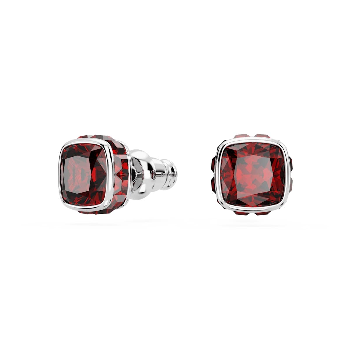 Birthstone stud earrings, Square cut, January, Red, Rhodium plated