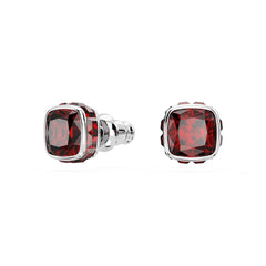 Birthstone stud earrings, Square cut, January, Red, Rhodium plated