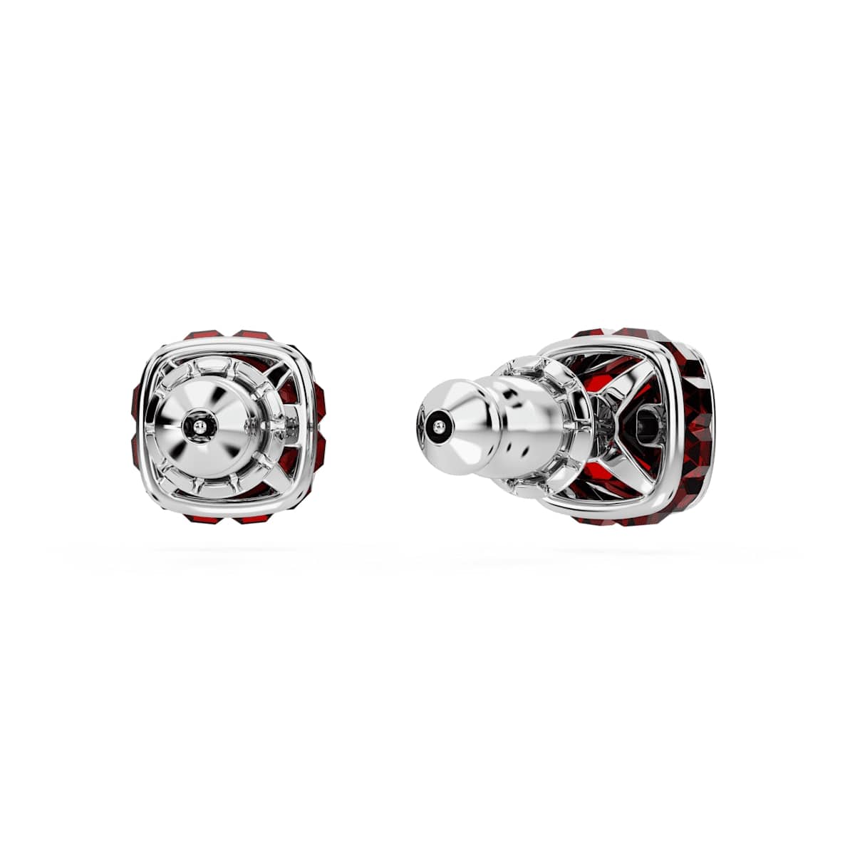 Birthstone stud earrings, Square cut, January, Red, Rhodium plated