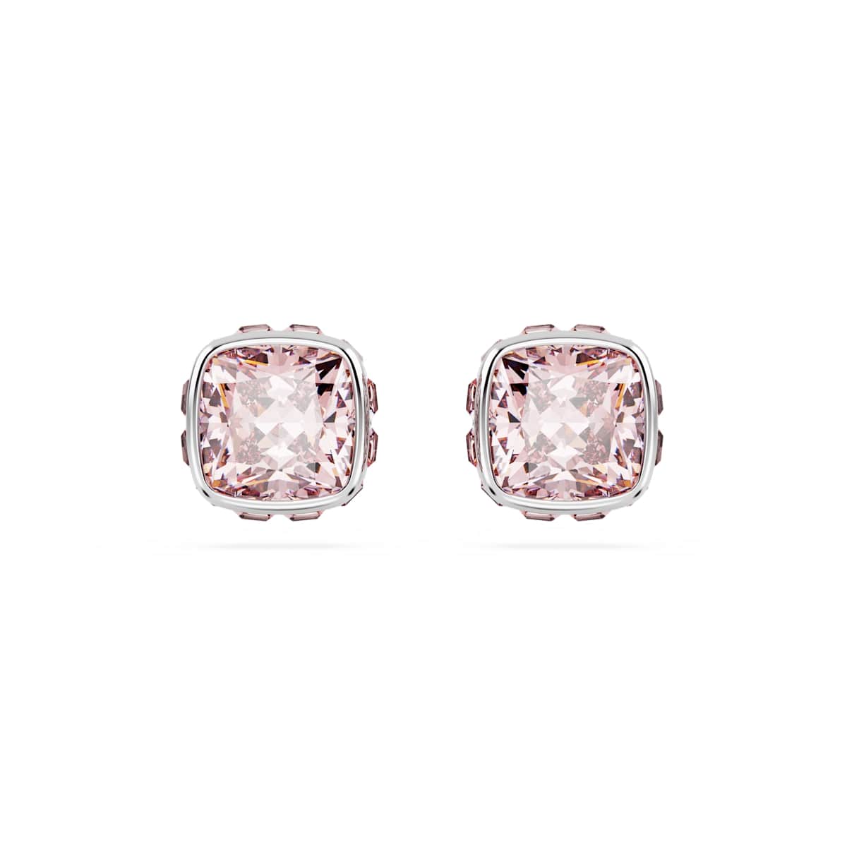 Birthstone stud earrings, Square cut, June, Pink, Rhodium plated
