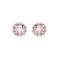 Birthstone stud earrings, Square cut, June, Pink, Rhodium plated