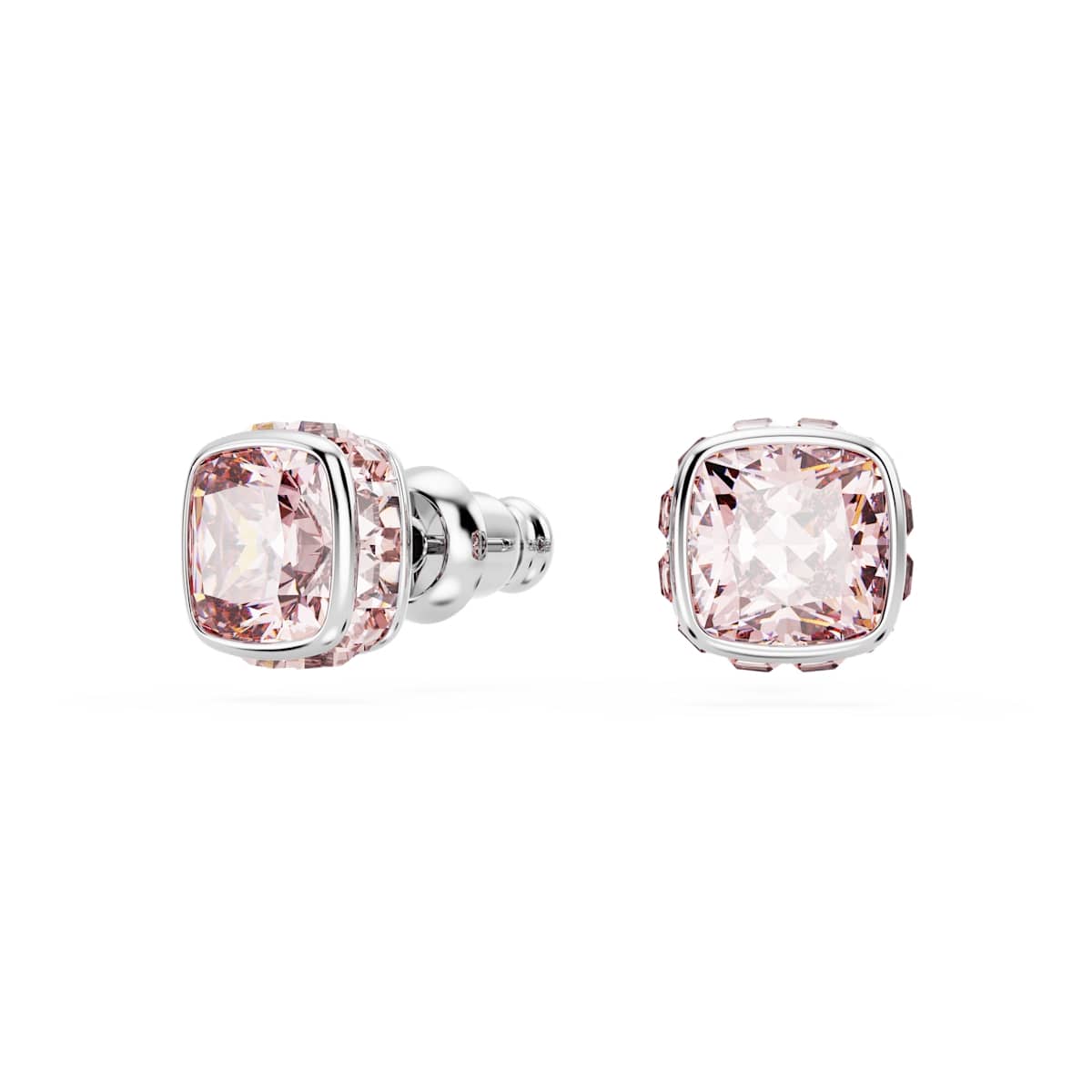 Birthstone stud earrings, Square cut, June, Pink, Rhodium plated