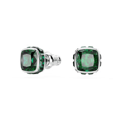 Birthstone stud earrings, Square cut, May, Green, Rhodium plated