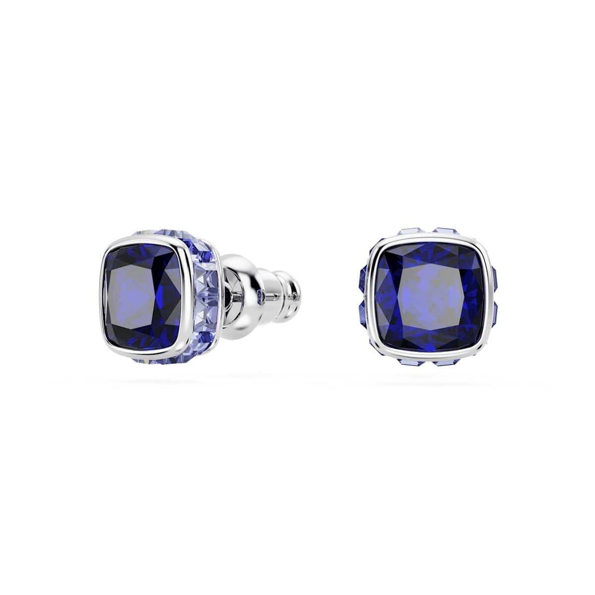 Birthstone stud earrings, Square cut, September, Blue, Rhodium plated