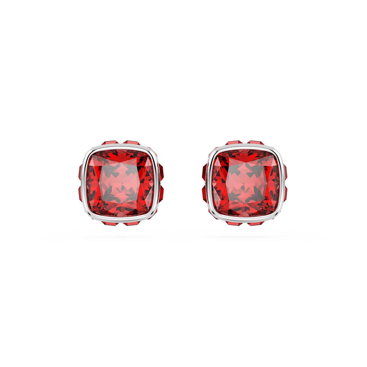 Birthstone stud earrings, Square cut, July, Red, Rhodium plated