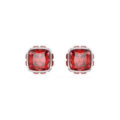 Birthstone stud earrings, Square cut, July, Red, Rhodium plated