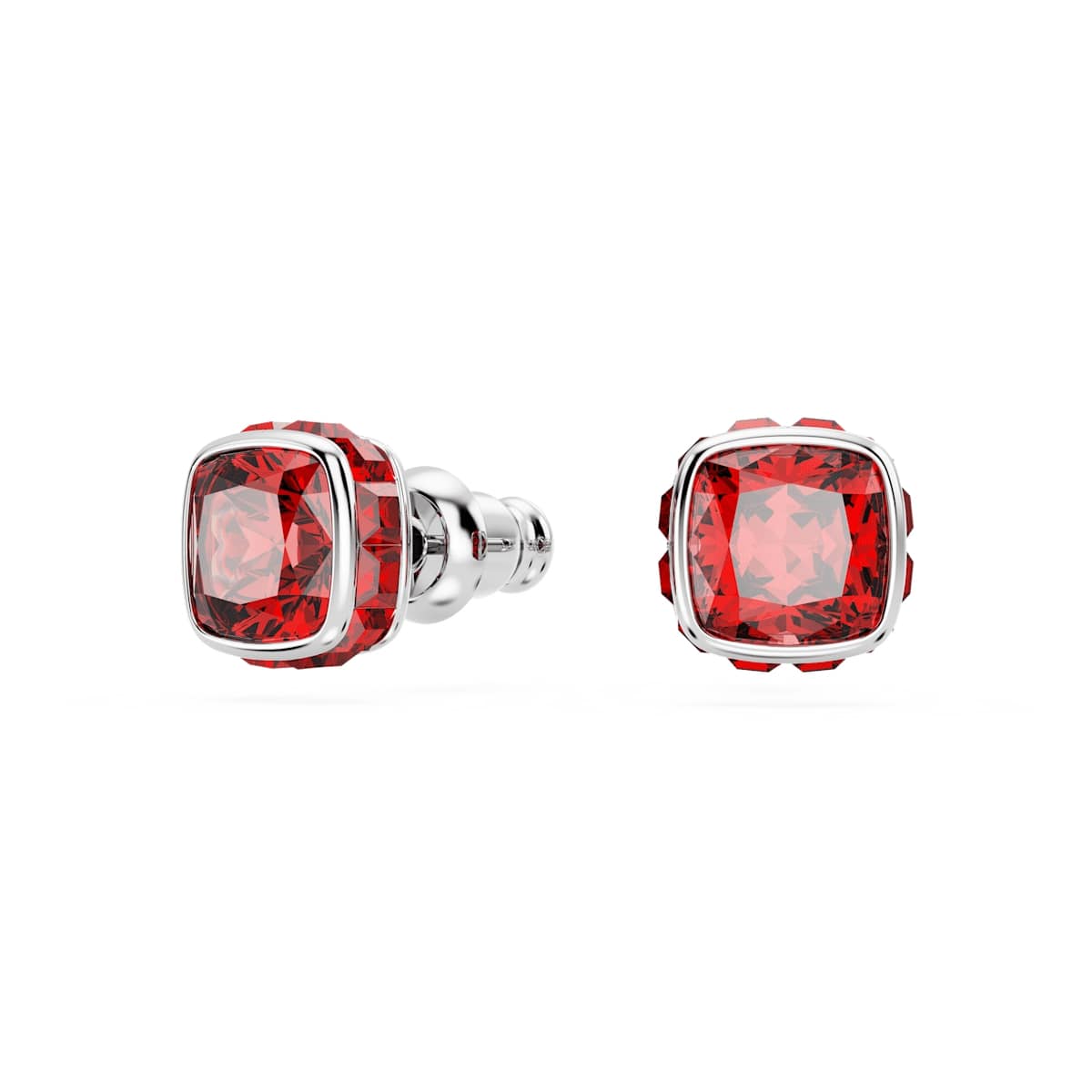 Birthstone stud earrings, Square cut, July, Red, Rhodium plated