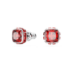 Birthstone stud earrings, Square cut, July, Red, Rhodium plated