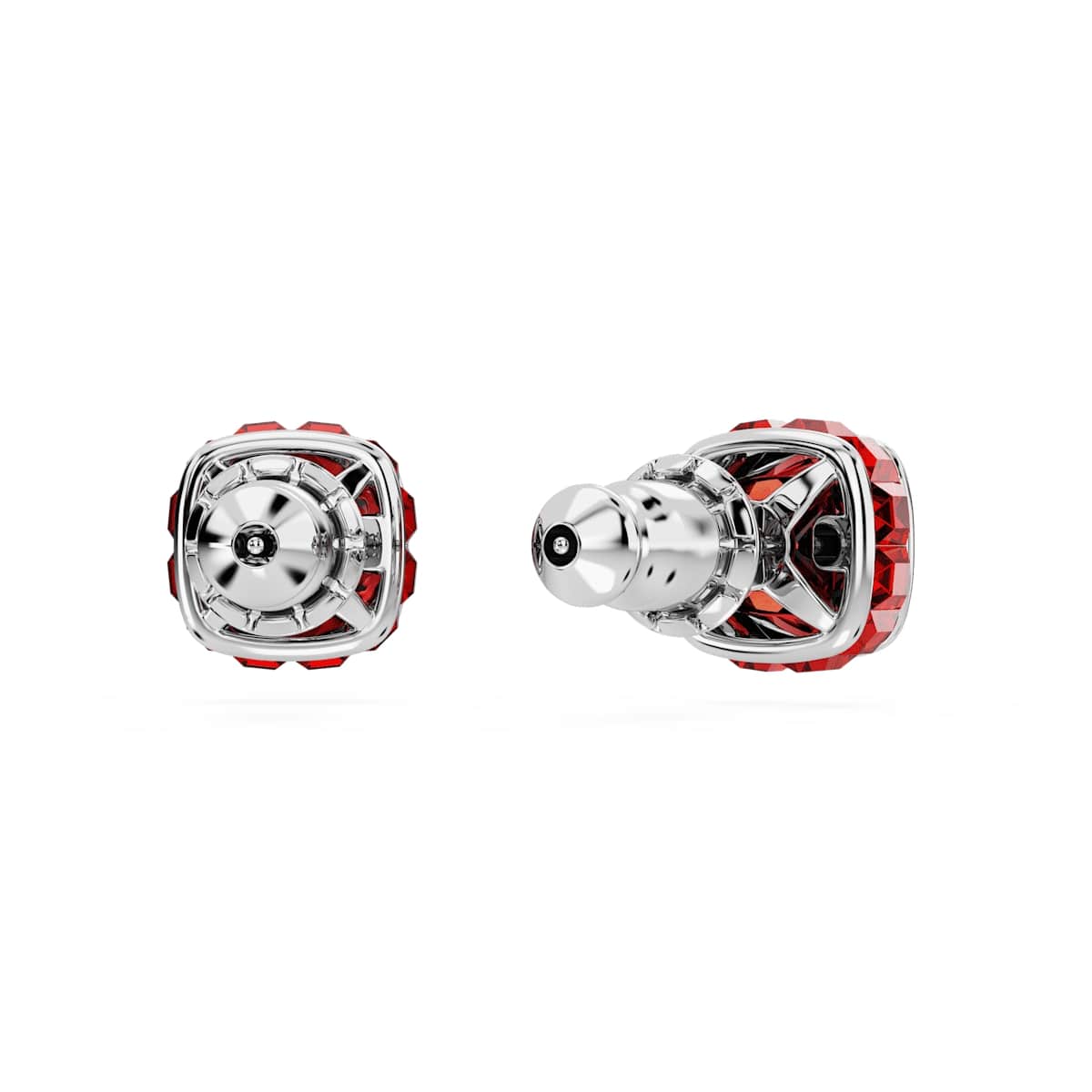 Birthstone stud earrings, Square cut, July, Red, Rhodium plated
