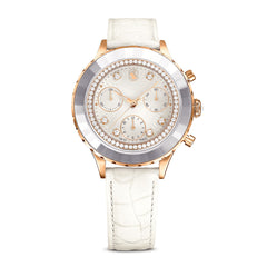 Octea Chrono watch, Swiss Made, Leather strap, White, Rose gold-tone finish