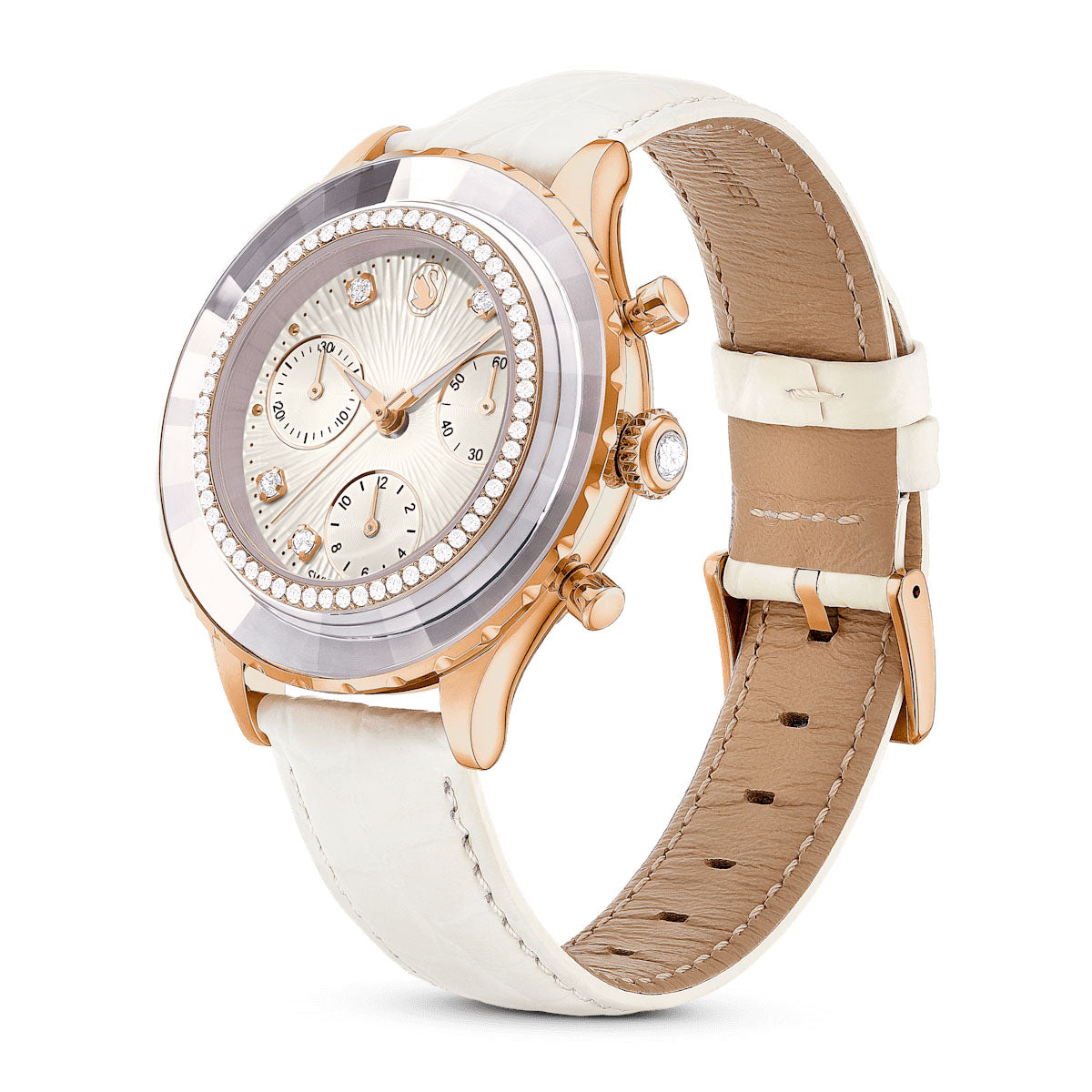 Octea Chrono watch, Swiss Made, Leather strap, White, Rose gold-tone finish