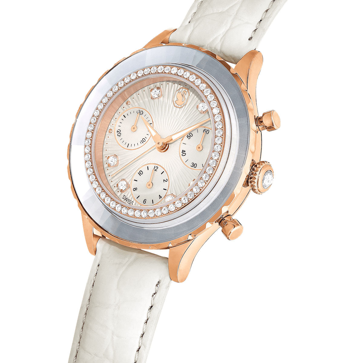 Octea Chrono watch, Swiss Made, Leather strap, White, Rose gold-tone finish