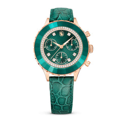 Octea Chrono watch, Swiss Made, Leather strap, Green, Rose gold-tone finish