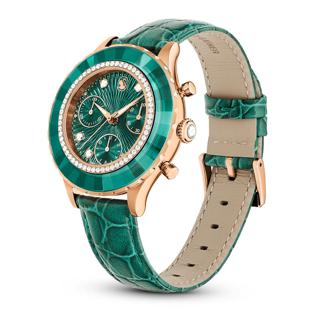 Octea Chrono watch, Swiss Made, Leather strap, Green, Rose gold-tone finish