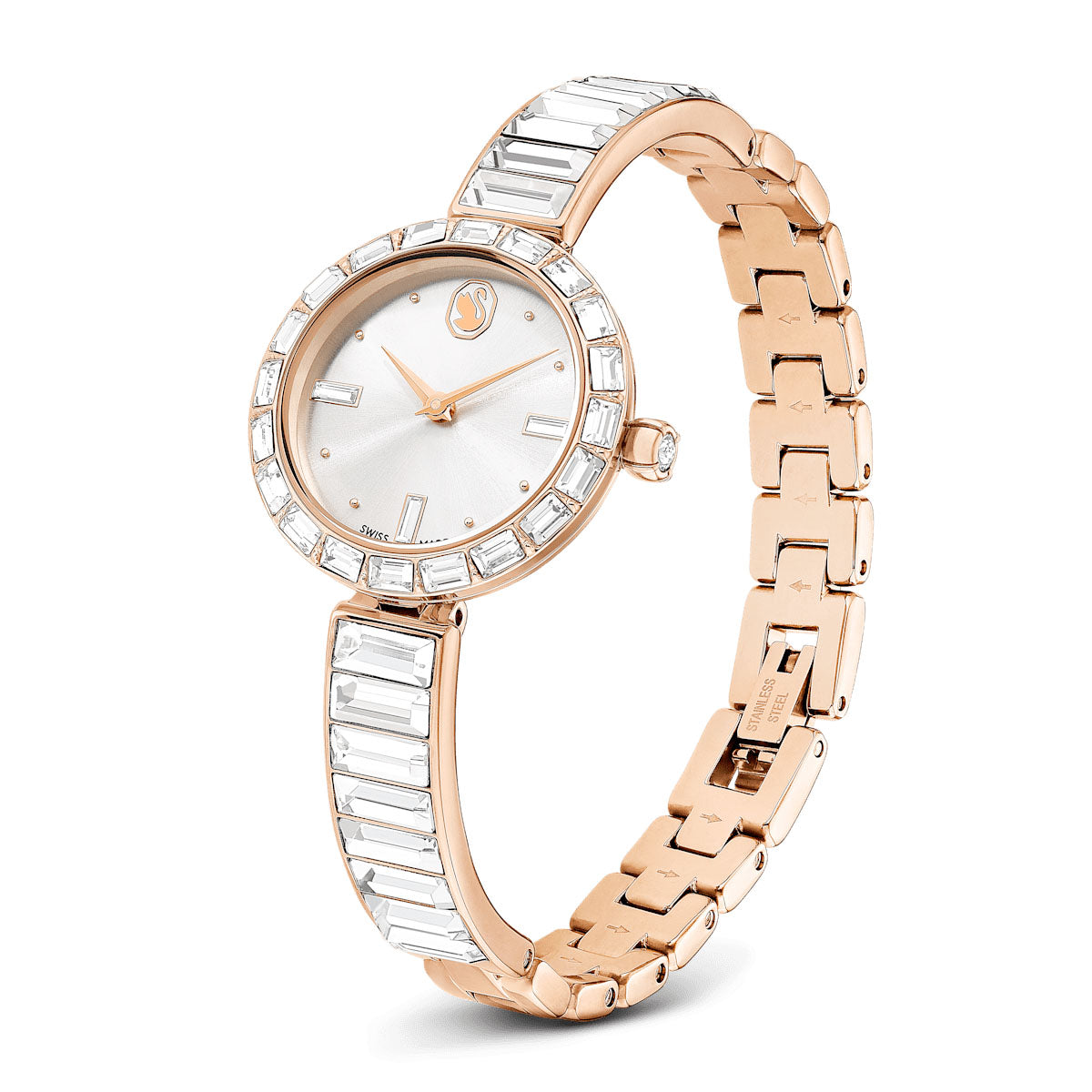 Matrix Bangle watch, Swiss Made, Crystal bracelet, White, Rose gold-tone finish