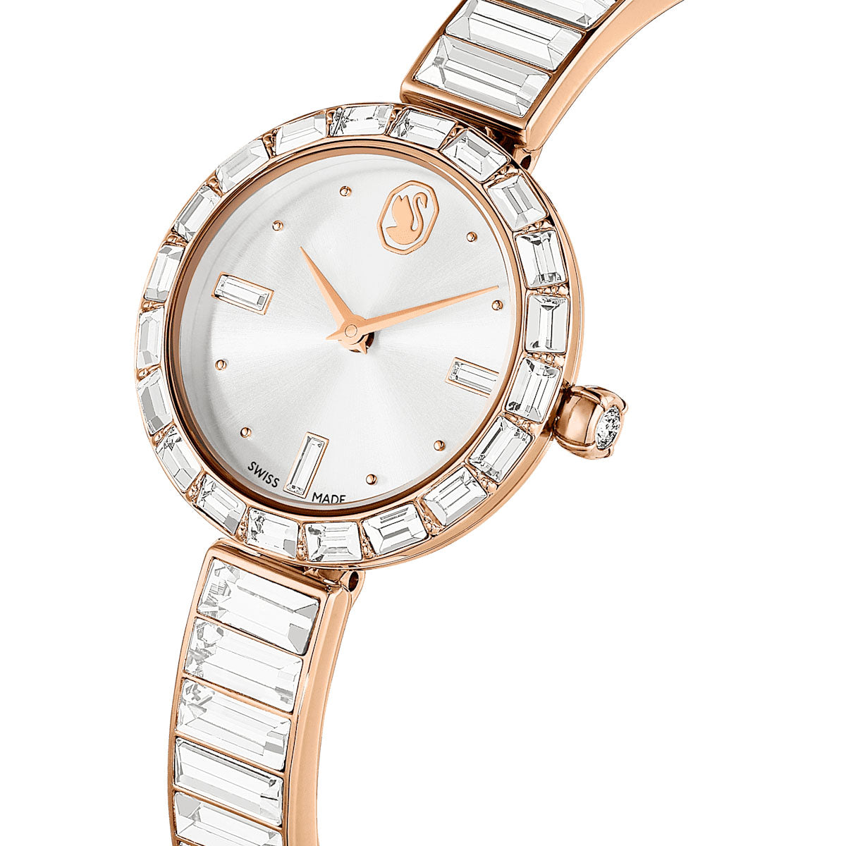 Matrix Bangle watch, Swiss Made, Crystal bracelet, White, Rose gold-tone finish