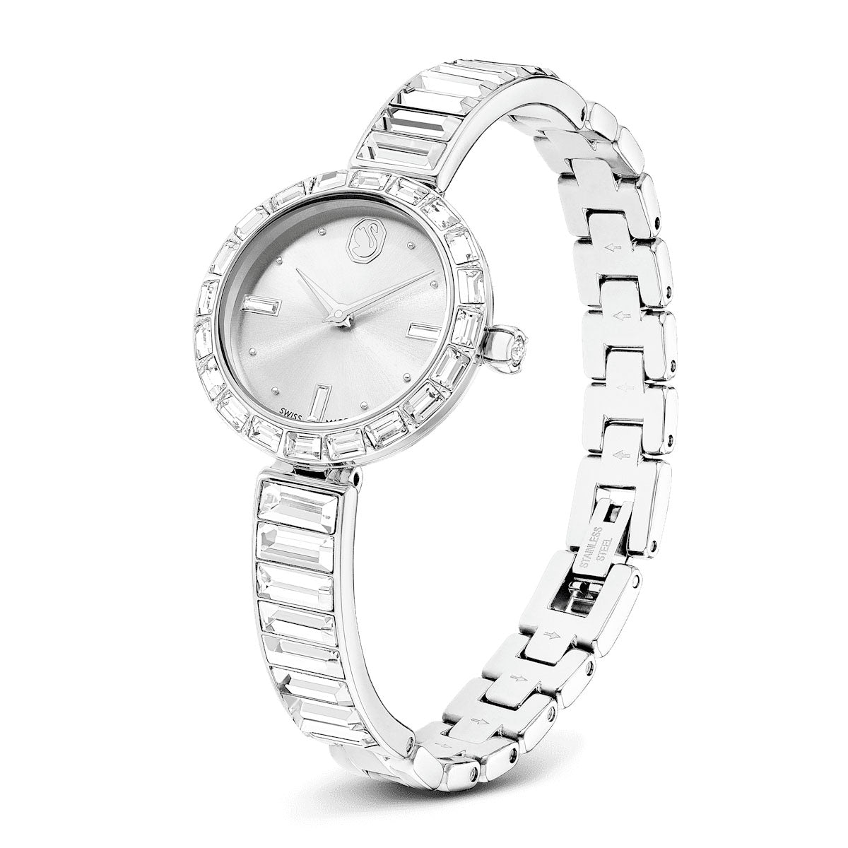 Matrix Bangle watch, Swiss Made, Crystal bracelet, White, Stainless steel
