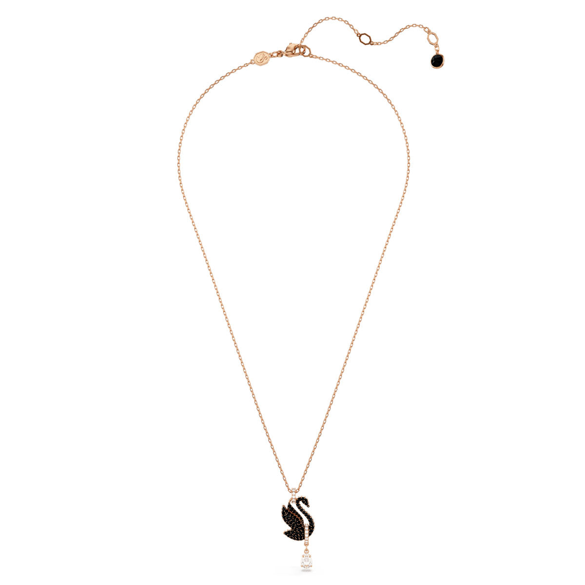 Swan pendant, Swan, Black, Rose gold-tone plated